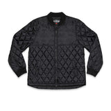 Black quilted jacket with zip front, stand collar, long sleeves