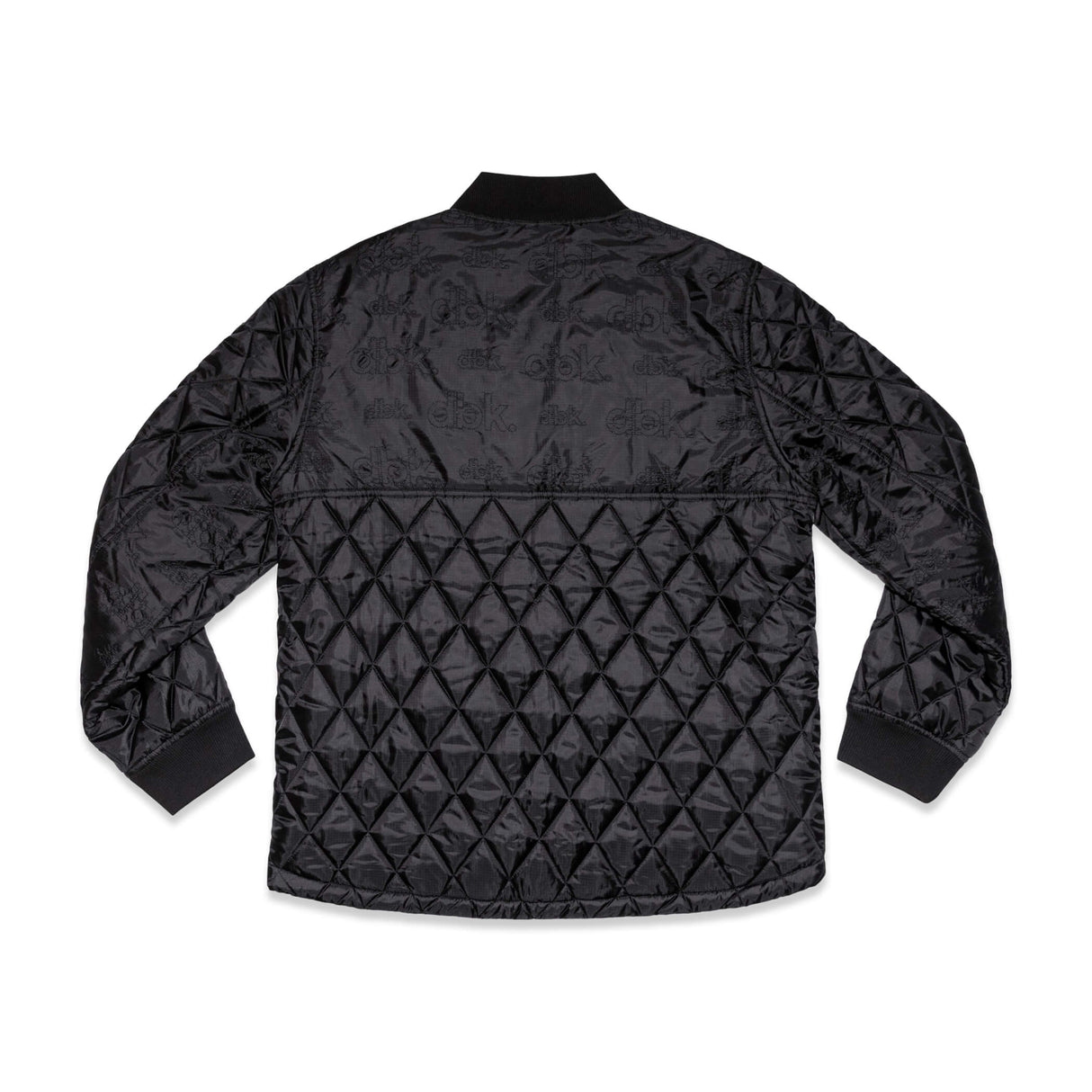Premium jacket back view with quilted diamond pattern and repeating dbk logo finish
