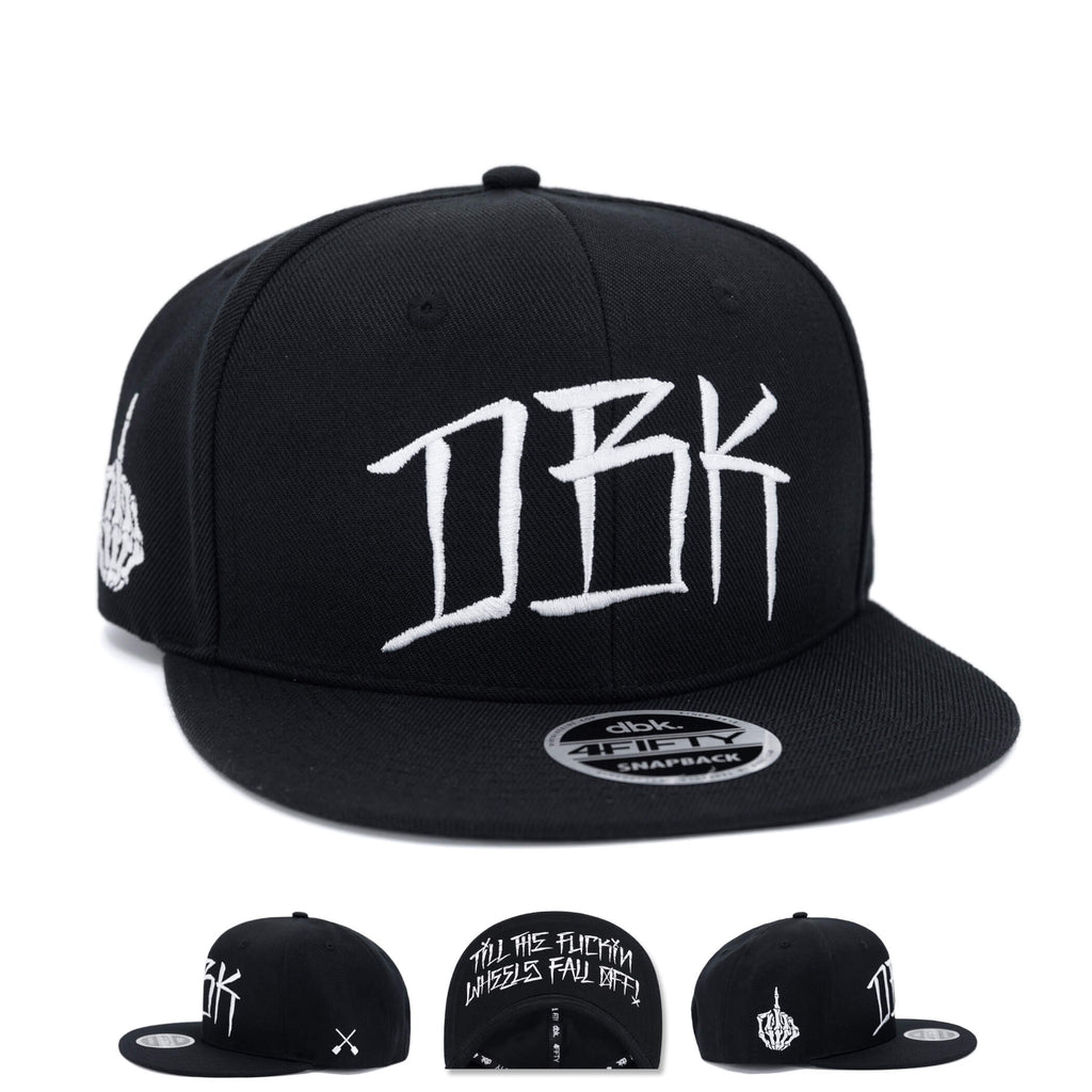 Black snapback cap with large white DBK graphic on the front panel