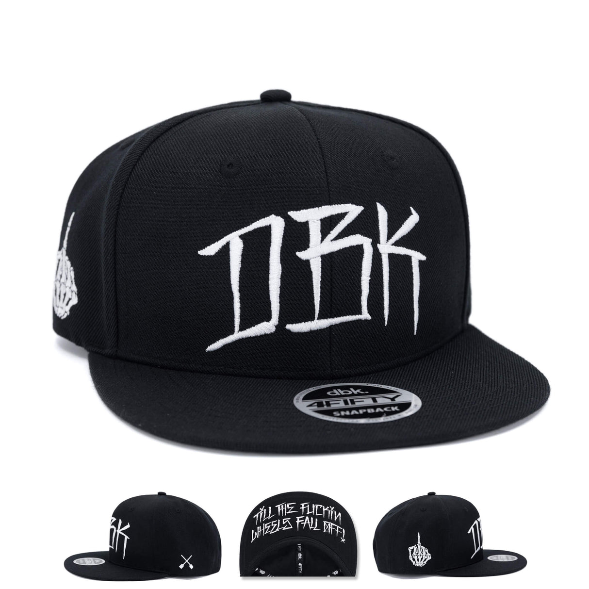 Black snapback cap with large white DBK graphic on the front panel