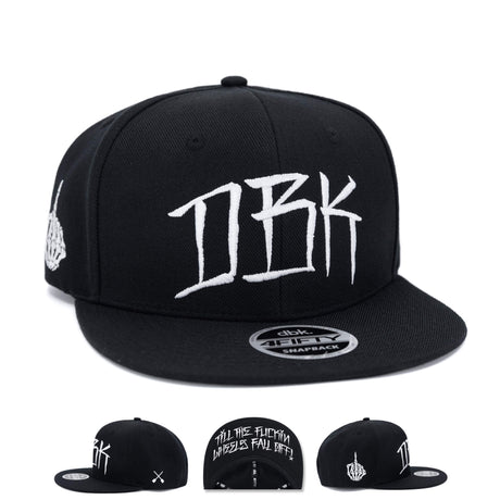 Black snapback cap with large white DBK graphic on the front panel