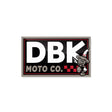 DBK Moto Co sticker with cartoon character and checker accents, white red and black