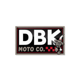 DBK Moto Co sticker with cartoon character and checker accents, white red and black