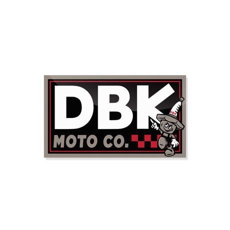DBK Moto Co sticker with cartoon character and checker accents, white red and black