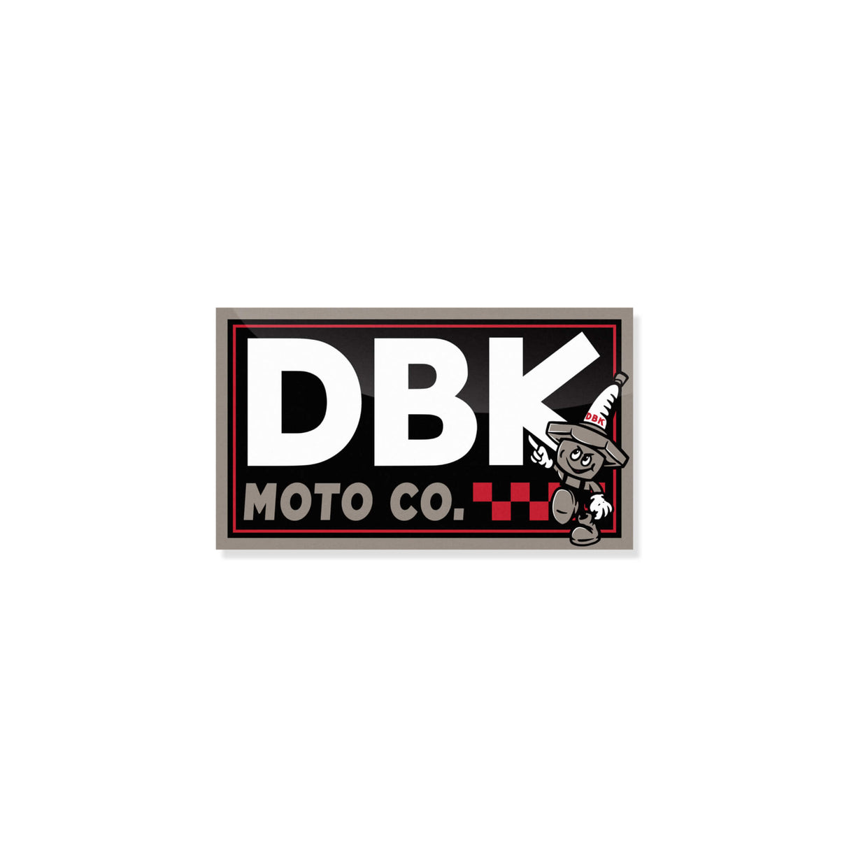 DBK Moto Co sticker, white and red logo with cartoon character and black border