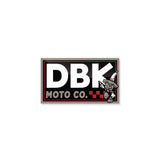 DBK Moto Co sticker, white and red logo with cartoon character and black border