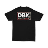 Black T-shirt with large DBK Moto Co. rectangular logo printed on the back.