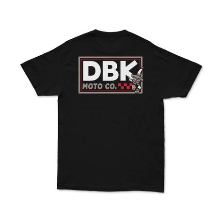 Black T-shirt with large DBK Moto Co. rectangular logo printed on the back.