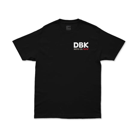 Black T-shirt with small DBK Moto Co. logo on the chest.