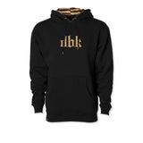 Black premium hoodie with front pocket, hood, drawstrings, and gold logo print