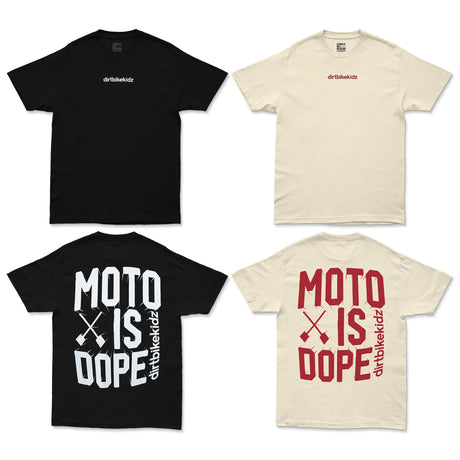 Zwei Moto is Dope T-Shirts: Schwarz und Cream, mit großem „MOTO IS DOPE“-Rückenprint