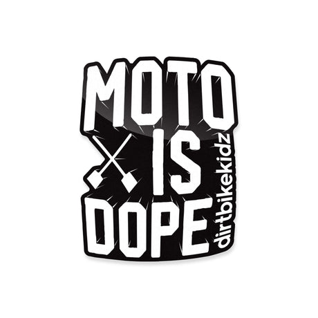 Die-cut sticker reading 'MOTO IS DOPE' with crossbones and vertical script text