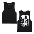 Black premium tank tops: small 'dirtbikekidz' logo and 'MOTO IS DOPE' print