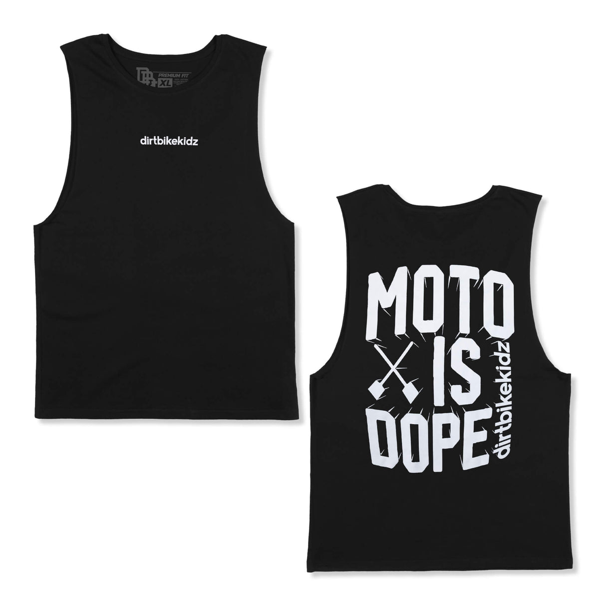 Black premium tank tops: small 'dirtbikekidz' logo and 'MOTO IS DOPE' print