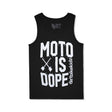 Black youth tank top with large white Moto Is Dope graphic and vertical bike text