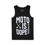 Black youth tank top with large white Moto Is Dope graphic and vertical bike text