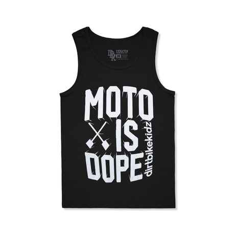 Black youth tank top with large white Moto Is Dope graphic and vertical bike text