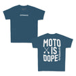 Youth premium tee set, dark blue; front dirtbikekidz and back MOTO IS DOPE graphic