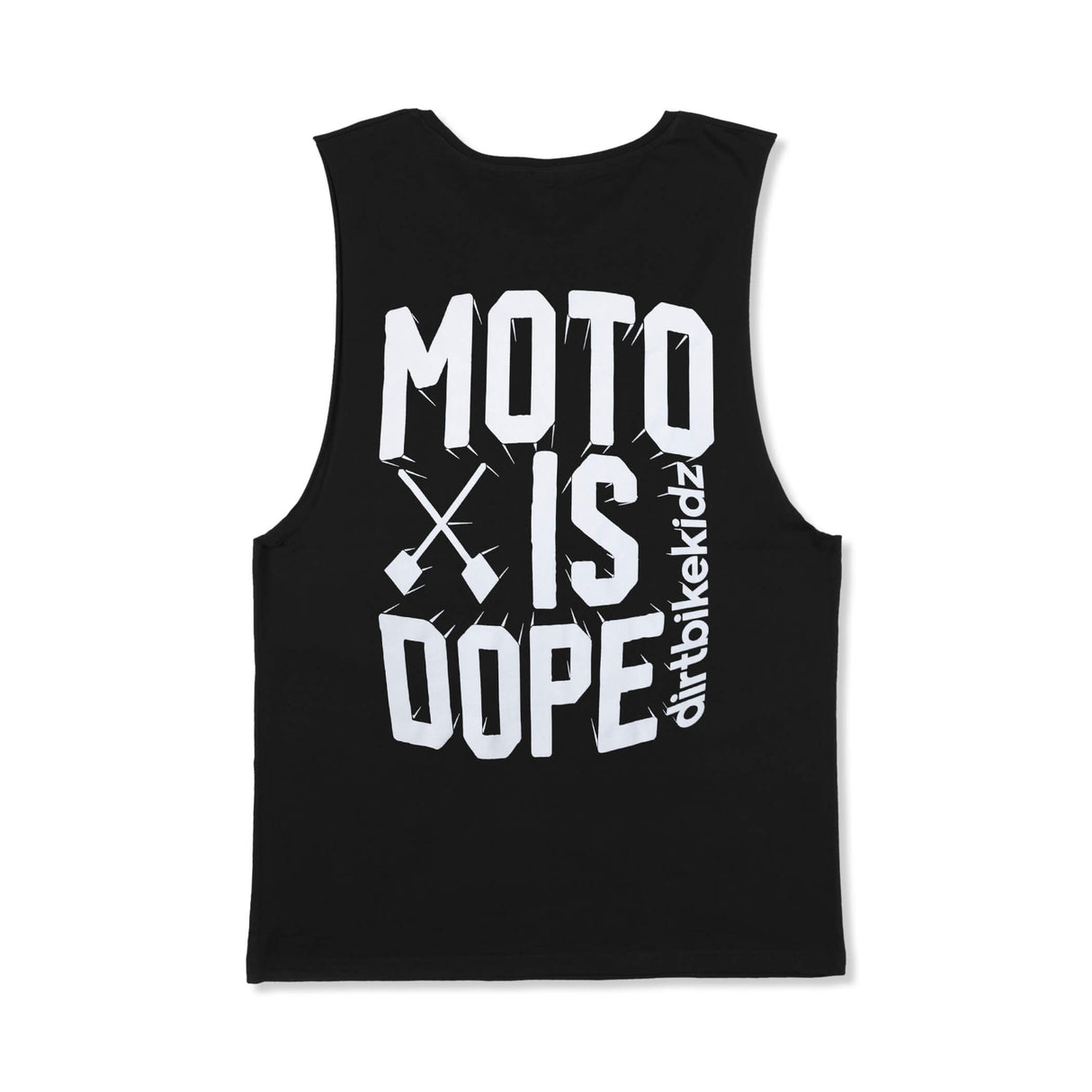 Black premium tank top with 'MOTO IS DOPE' graphic print