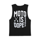 Black premium tank top with 'MOTO IS DOPE' graphic print