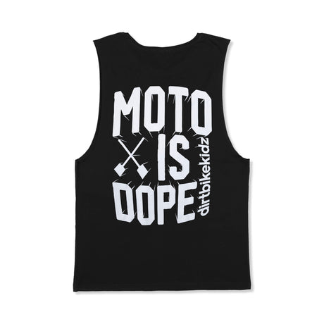 Black premium tank top with 'MOTO IS DOPE' graphic print