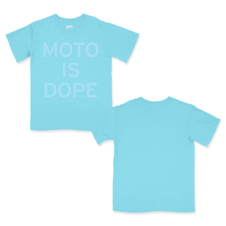 Pair of women’s graphic T-shirts in teal with “Moto is Dope” text print, crew necks.