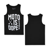 Black youth tank top front with Moto Is Dope print; matching plain back
