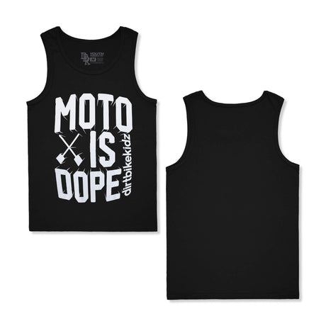 Black youth tank top front with Moto Is Dope print; matching plain back