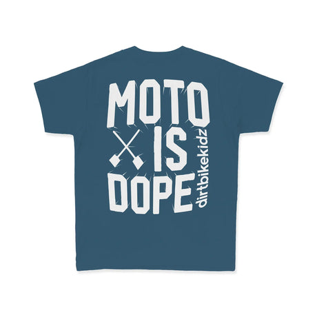 Blue youth premium tee with large back graphic: 'MOTO IS DOPE' crossed bars
