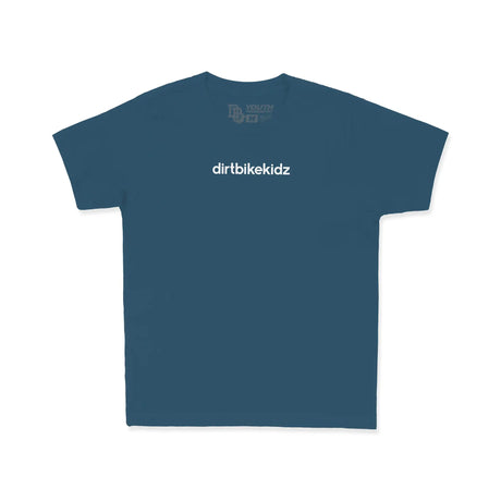Dirt Bike Kidz youth premium tee in blue, minimal chest 'dirtbikekidz' text