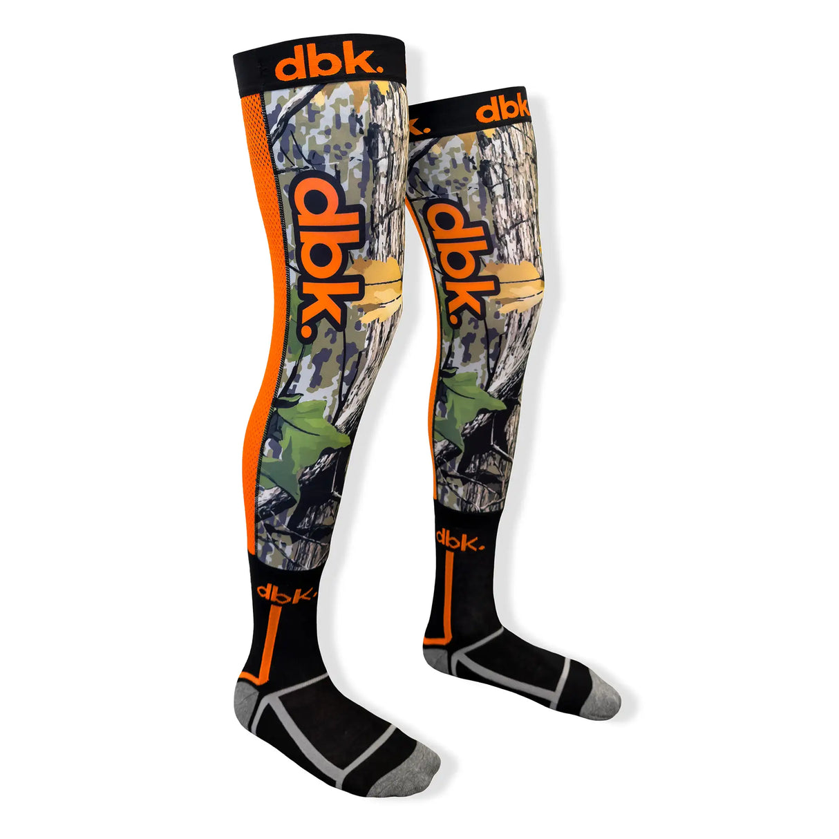 Pair of moto socks with camo pattern, orange panels, ribbed cuffs, black heel and toe