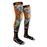 Pair of moto socks with camo pattern, orange panels, ribbed cuffs, black heel and toe