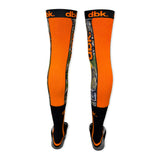 Pair of moto socks, bright orange upper with camo mid panels, black ribbed foot