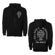 Black zip hoodie with hood and drawstrings, front and back cross emblem prints.