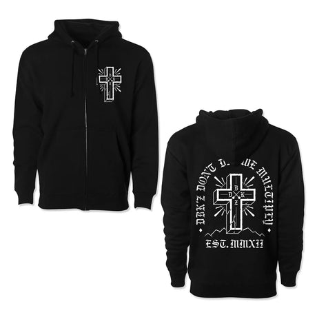 Black zip-up hoodie with cross emblem and drawstring hood, long sleeves.