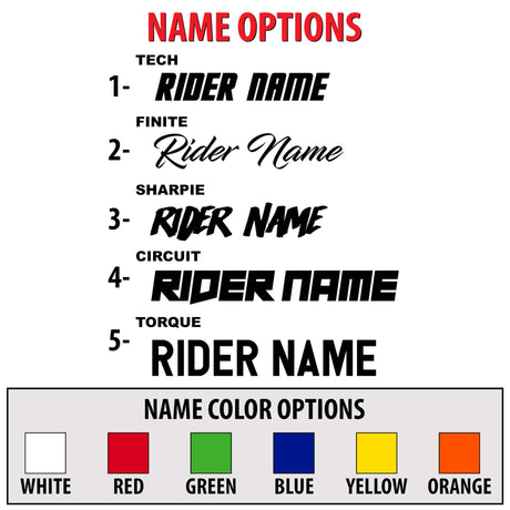 Name options templates for rider name with selectable color swatches (white, red, green)