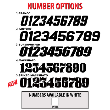 Number options styles for race numbers with white color availability