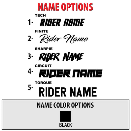 Easy Rider retro name options chart for adding rider name to decal set