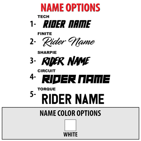 Easy Rider name options with “Rider Name” styles and available color option