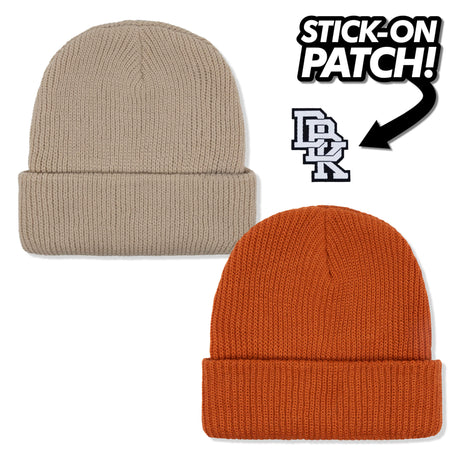 Patched Up beanie in tan and rust orange, ribbed knit with stitched logo patch