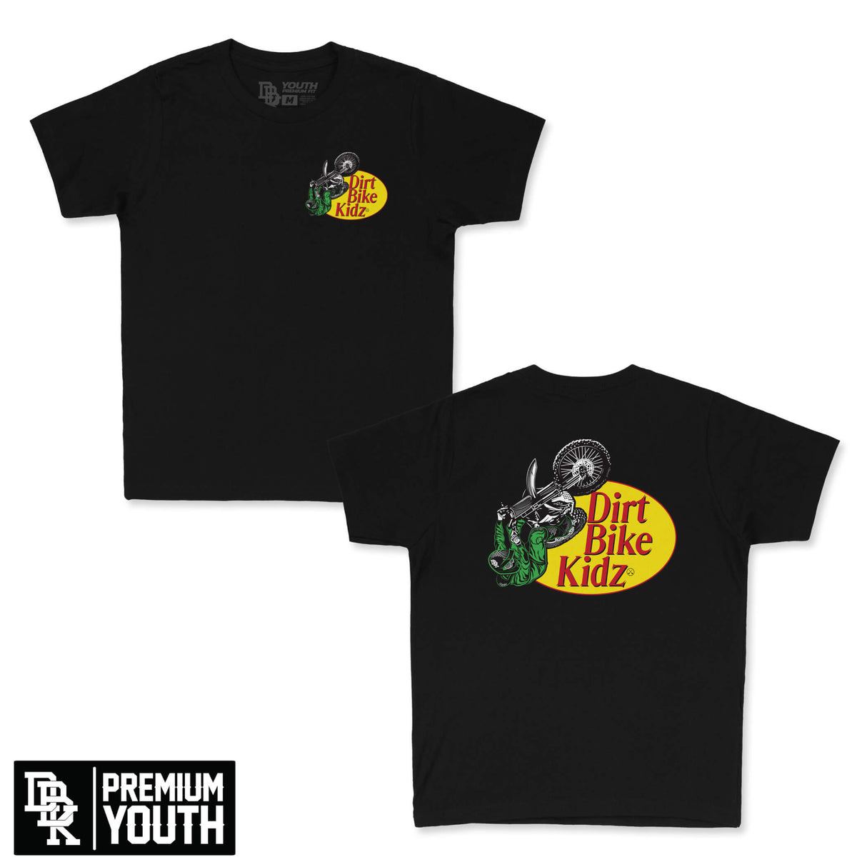 Black youth premium tee with small Dirt Bike Kidz logo graphic on chest