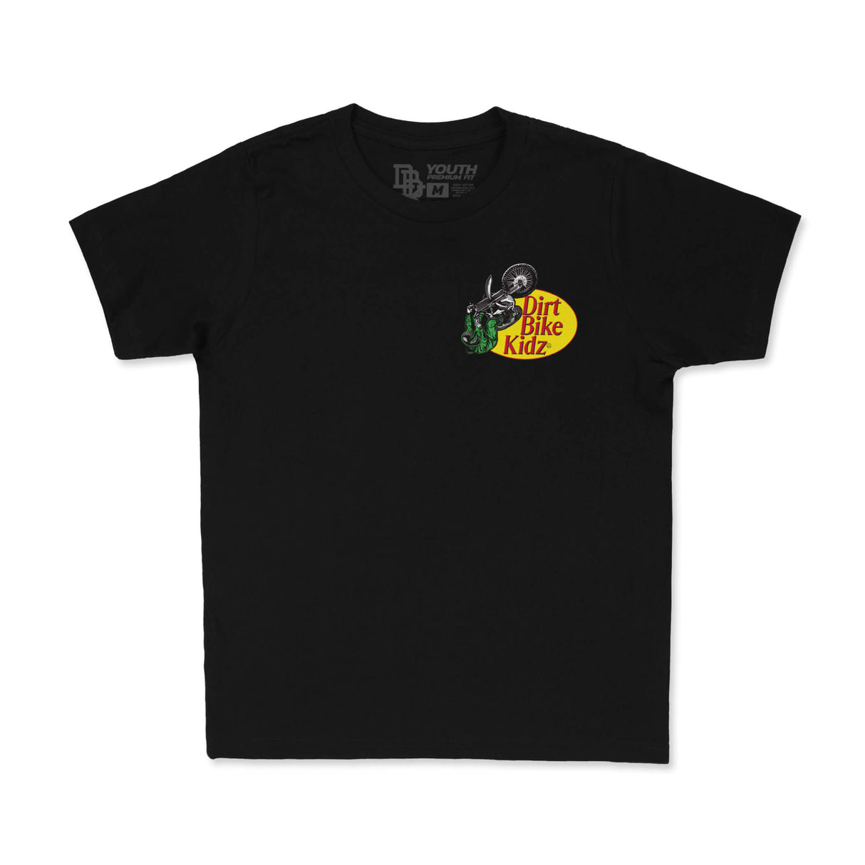 Black youth premium tee with small Dirt Bike Kidz graphic on chest