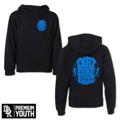 Black youth hoodie with blue "DIRT BIKE KIDZ" chest graphic and front kangaroo pocket