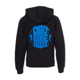 Black youth hoodie back view with hood and blue "DIRT BIKE KIDZ" logo