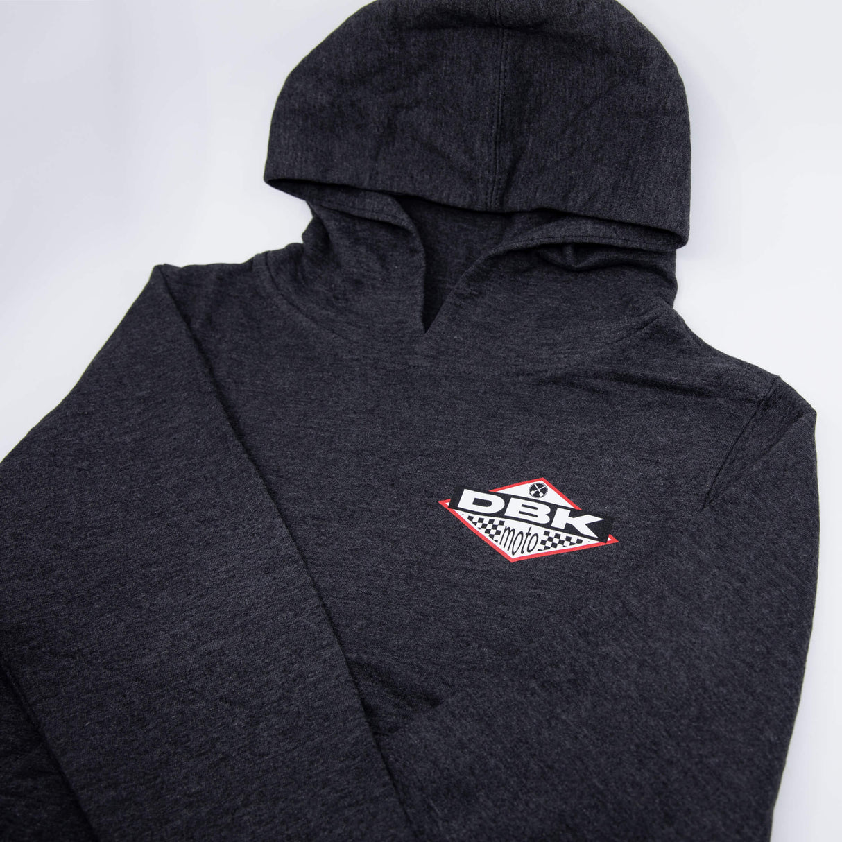 No Sleep youth hoodie, dark gray, back view with DBK Moto logo under hood