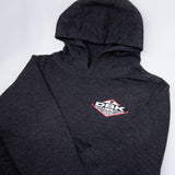 No Sleep youth hoodie, dark gray, back view with DBK Moto logo under hood