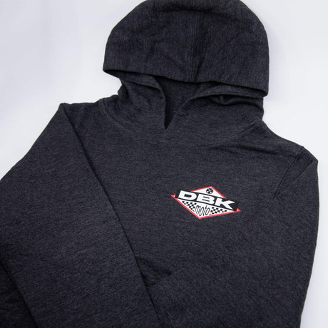 No Sleep youth hoodie, dark gray, back view with DBK Moto logo under hood