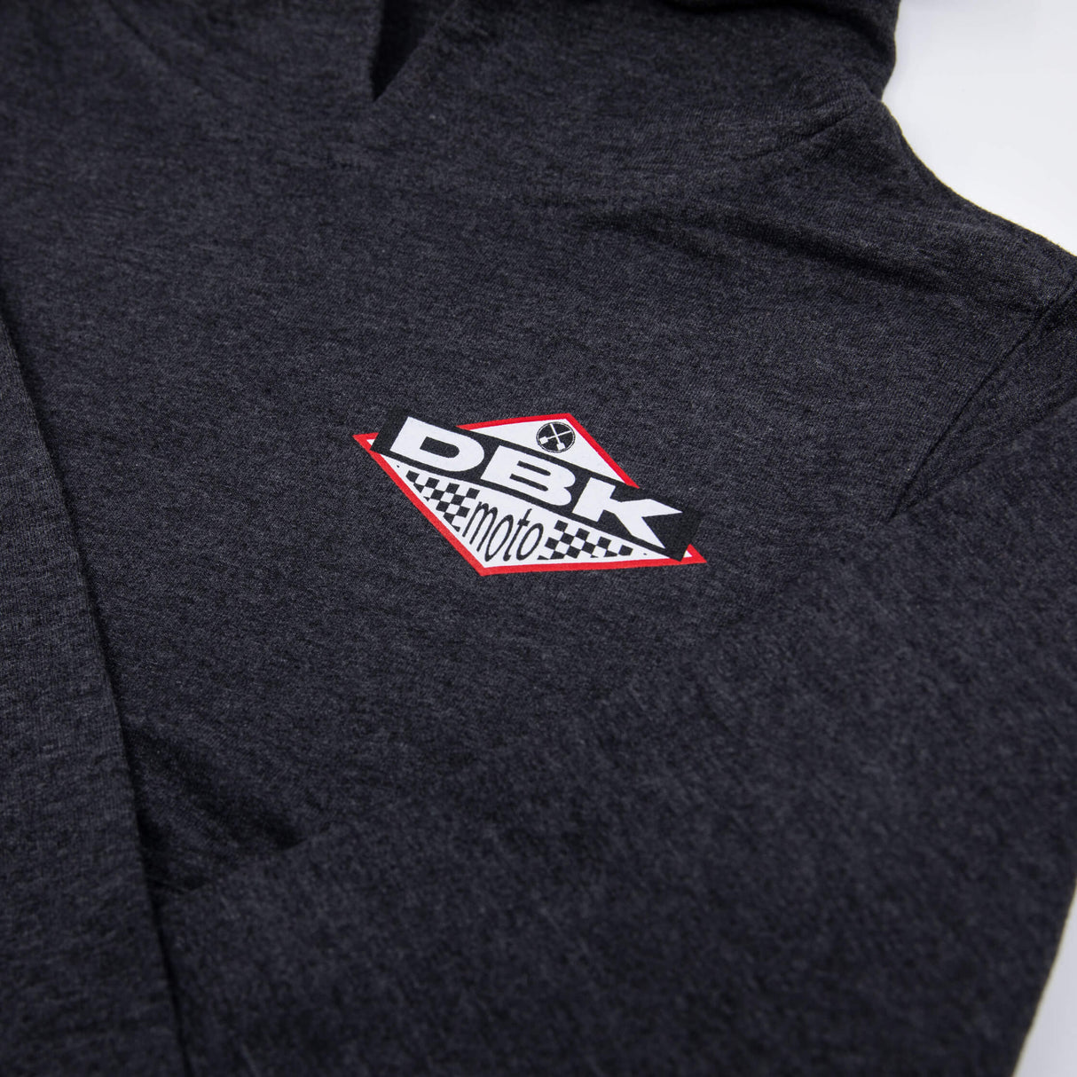 No Sleep youth hoodie dark gray with small DBK Moto logo on upper chest