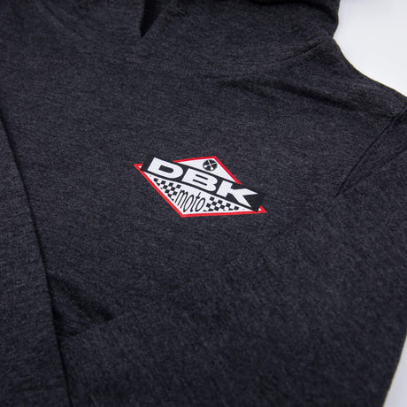 No Sleep youth hoodie dark gray with small DBK Moto logo on upper chest