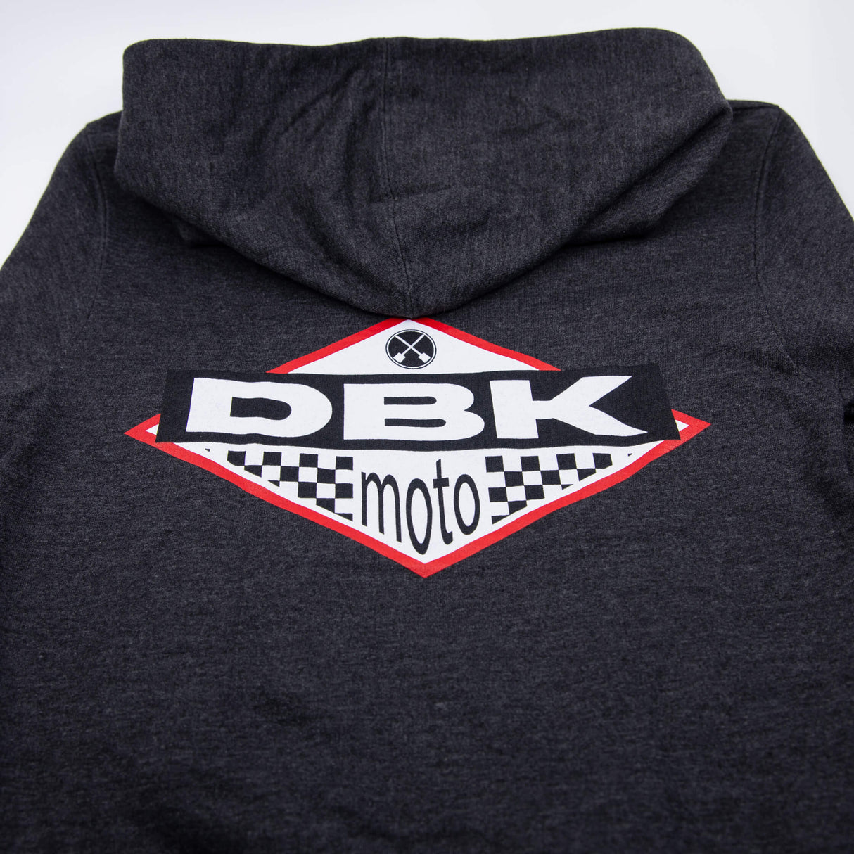 No Sleep youth hoodie logo close-up on dark gray back panel with hood